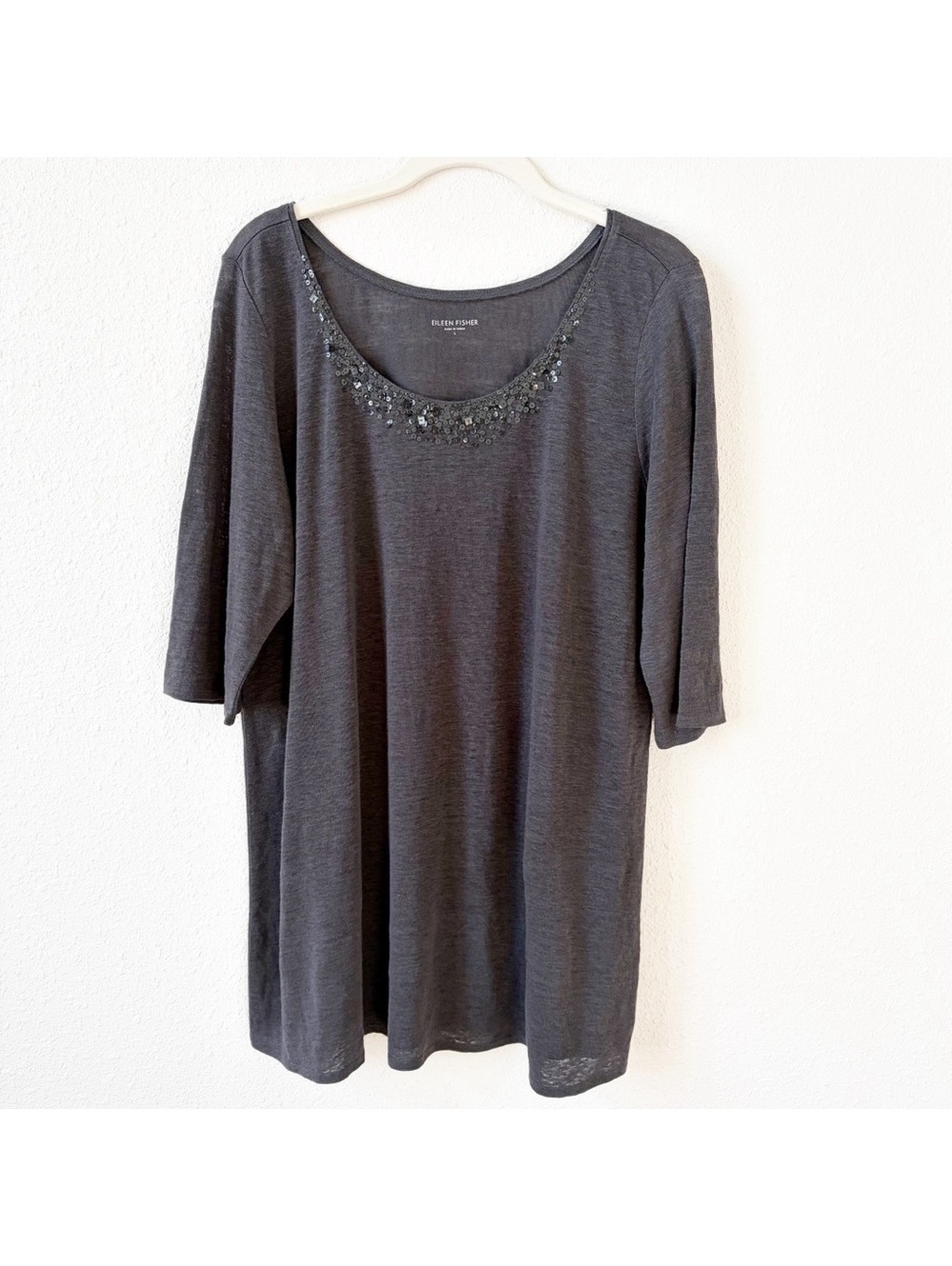 Eileen Fisher 100% Linen Tunic Top Gray Size Large Sequin Coastal Neutral